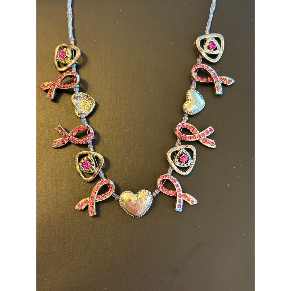 Breast Cancer Awareness Pink Ribbon Heart Rhinestone Beaded Necklace Silver Tone